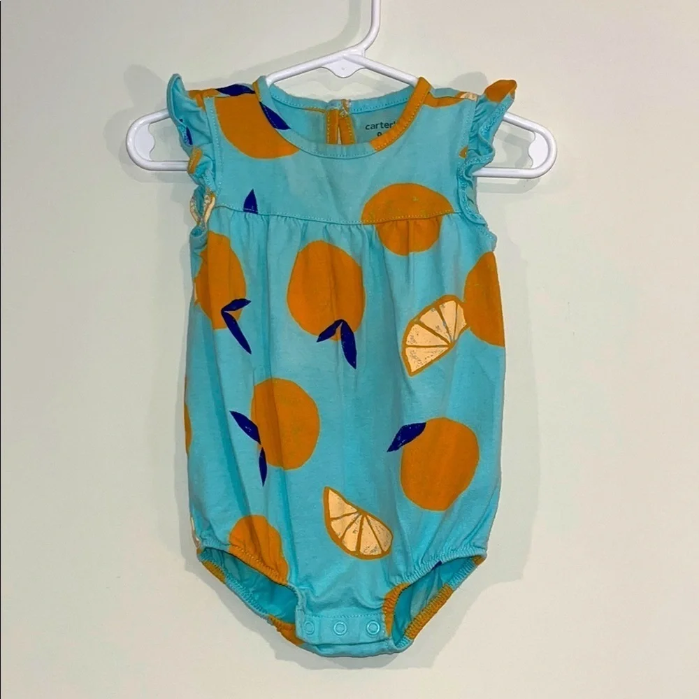 CARTERS Infant Girls 9mo Onesie Romper Citrus Oranges Fruit Ruffles Keyhole Back